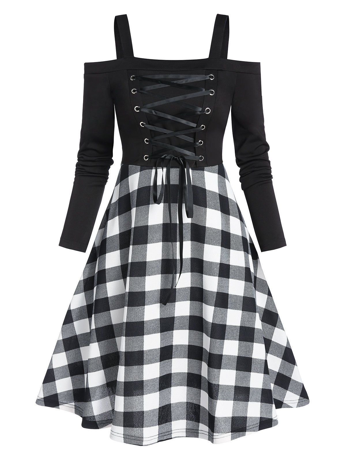 

Cold Shoulder Plaid Print Mini A Line Dress, Black