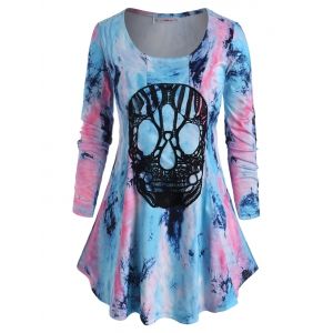 

Plus Size Lace Skull Tie Dye Halloween T Shirt, Light blue