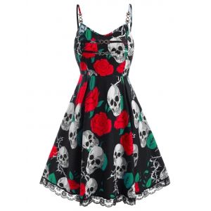 

Chains Lace Trim Rose Skull Halloween Plus Size Dress, Red