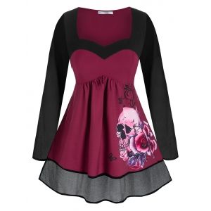

Plus Size Halloween Flower Skull Bicolor Skirted Top, Deep red