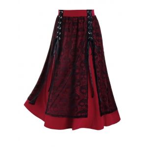 

Plus Size Lace Skull Slit Grommet Lace-up Midi Skirt, Red wine