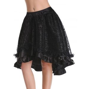 

Flocking Leaf Lace Panel Ruffle Dip Hem Skirt, Black