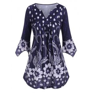 

Plus Size Flower V Notch Hanky Sleeve Smock Top, Deep blue