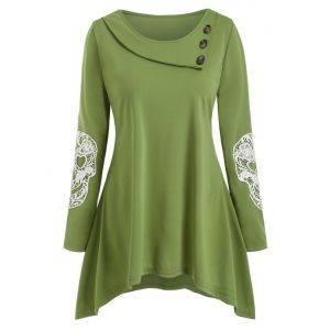 

Plus Size Halloween Asymmetric Skull Lace Insert Tee, Green