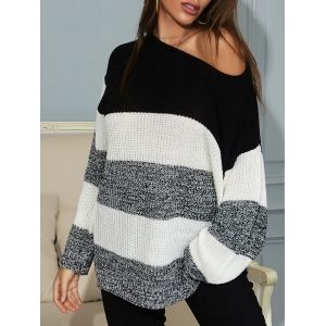 

Skew Collar Colorblock Drop Shoulder Sweater, Gray