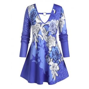 

Plus Size Flower Print Ring A Line Tunic Tee, Blueberry blue