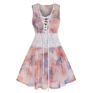 

Plus Size Floral Print Lace Up Babydoll Set, Rose