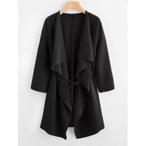 

Plus Size Draped Front Belted Long Coat, Black