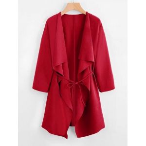 

Plus Size Draped Front Belted Long Coat, Red