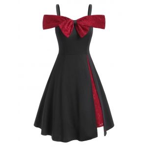 

Plus Size Bowknot Cold Shoulder Lace Insert Dress, Black