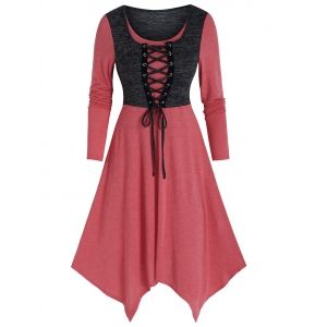 

2 in 1 Lace Up Asymmetric Long Sleeve Dress, Multi a