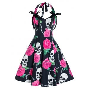 

Plus Size Halloween Skull Flower Halter Bowknot Vintage Dress, Black