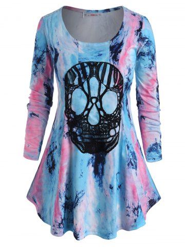 Plus Size Lace Skull Tie Dye Halloween T Shirt - LIGHT BLUE - 1X