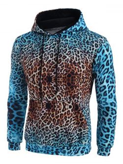 Leopard Ombre Print Kangaroo Pocket Hoodie - PEACOCK BLUE - XL