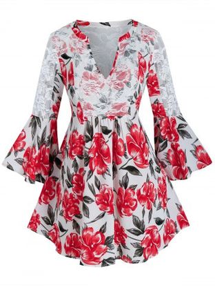 Plus Size Flower Print Lace See Thru Flare Sleeve Blouse