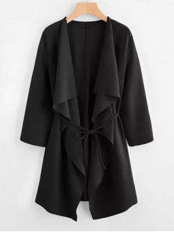 Plus Size Draped Front Belted Long Coat - BLACK - 3XL