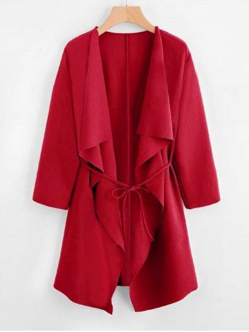Plus Size Draped Front Belted Long Coat - RED - 2XL