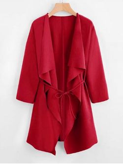 Plus Size Draped Front Belted Long Coat - RED - 3XL