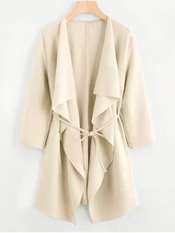 Plus Size Draped Front Belted Long Coat - LIGHT YELLOW - 3XL