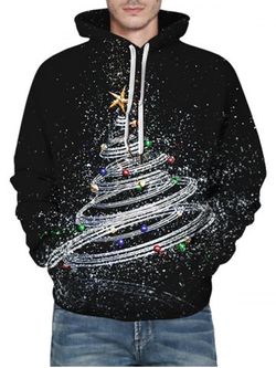 Shiny Christmas Tree Graphic Front Pocket Casual Hoodie - BLACK - M