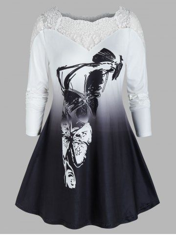 Plus Size Ombre Butterfly See Thru Yoke Tunic Tee