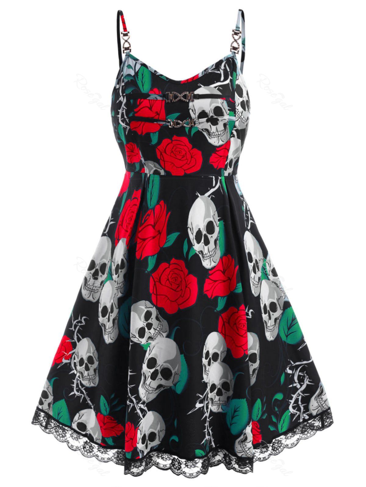 

Chains Lace Trim Rose Skull Halloween Plus Size Dress, Red