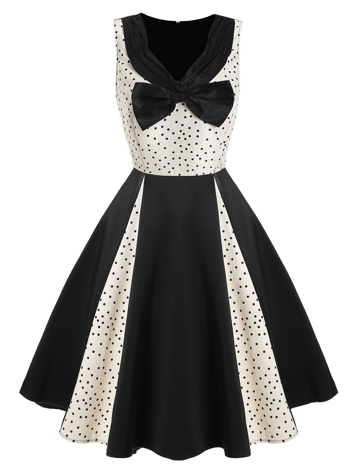 

Polka Dot Sleeveless Bowknot Ruched Dress, Black