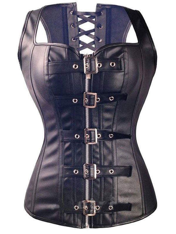 

Faux Leather Lace-up Boned Buckled Corset Vest, Black