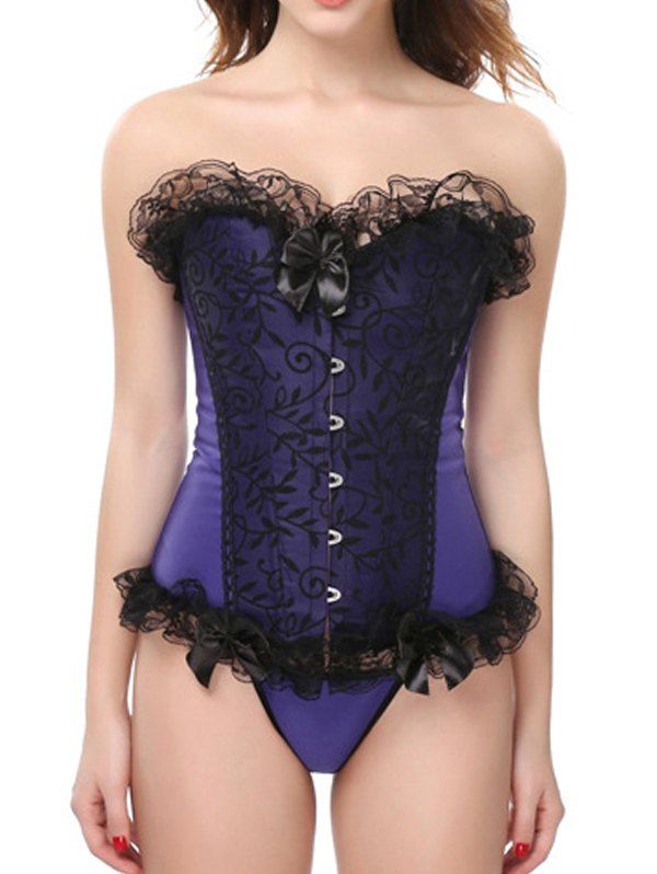

Lace Panel Flocking Organza Bowknot Boned Overbust Corset Set, Purple