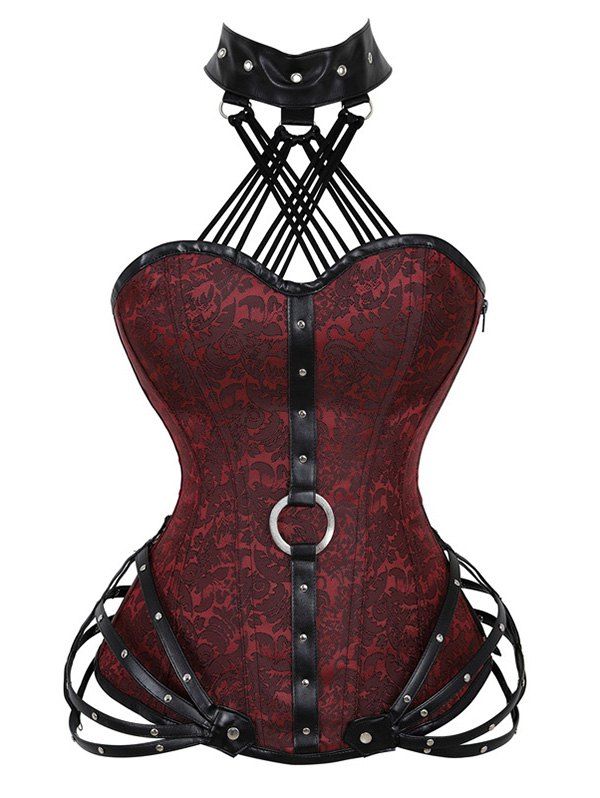 

Halter Jacquard Rivets Grommets Macrame Brocade Corset Set, Deep red