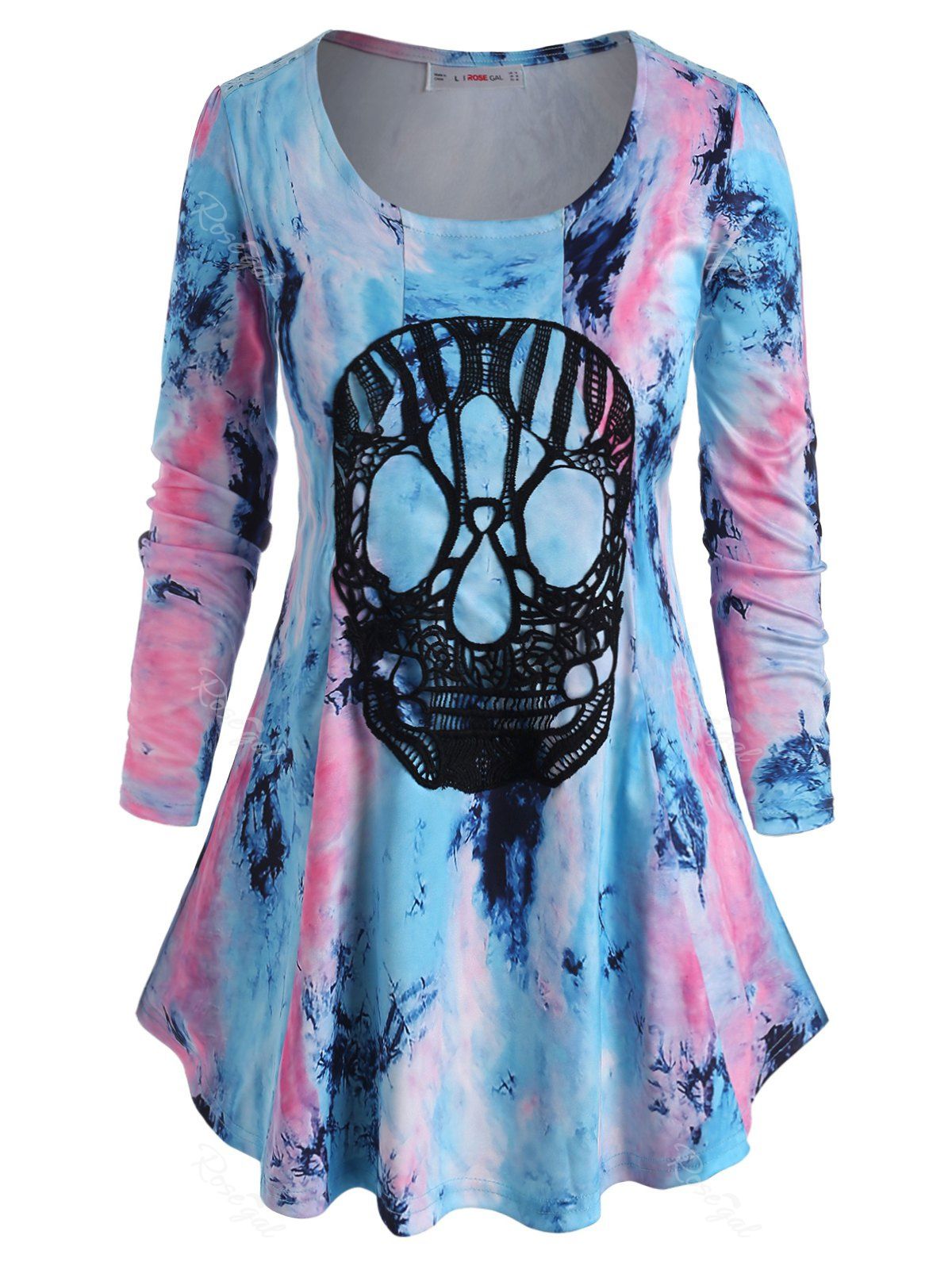 Affordable Plus Size Lace Skull Tie Dye Halloween T Shirt  