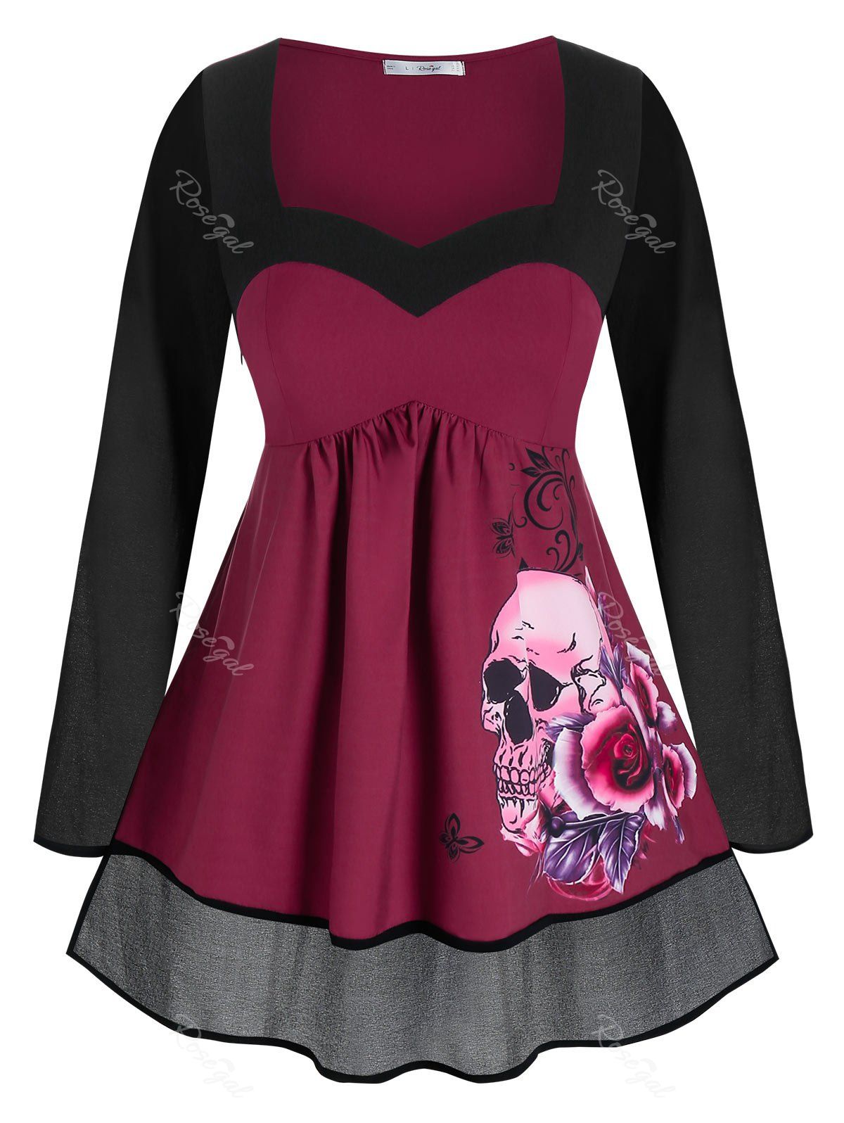 

Plus Size Halloween Flower Skull Bicolor Skirted Top, Deep red