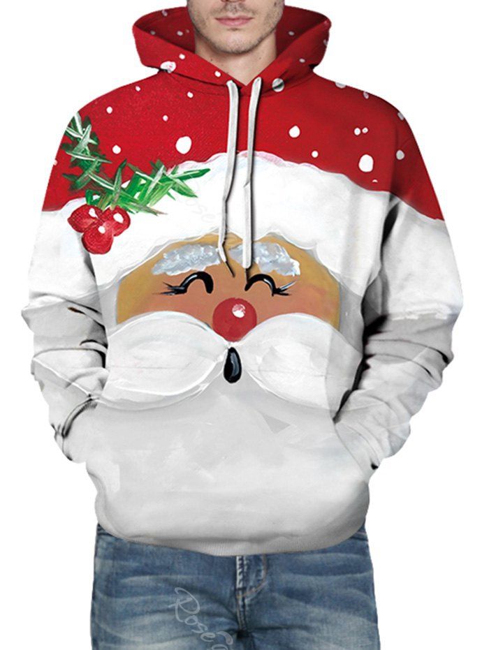 

Cute Christmas Santa Print Front Pocket Casual Hoodie, Red