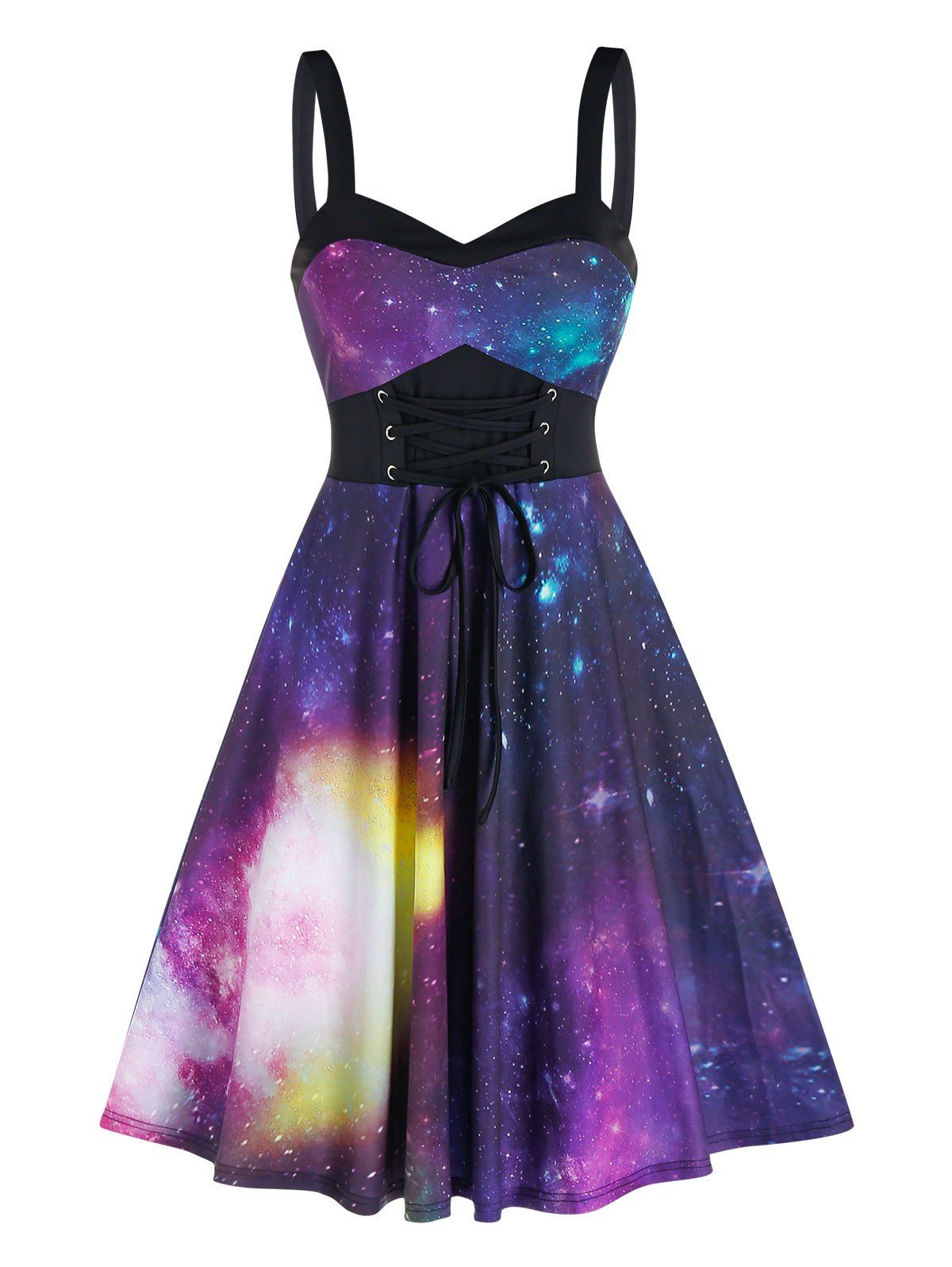 

Lace Up Starry Print Mini Cami Dress, Black