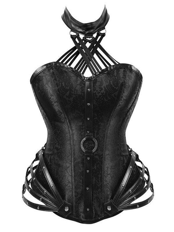 

Halter Jacquard Rivets Grommets Macrame Brocade Corset Set, Black