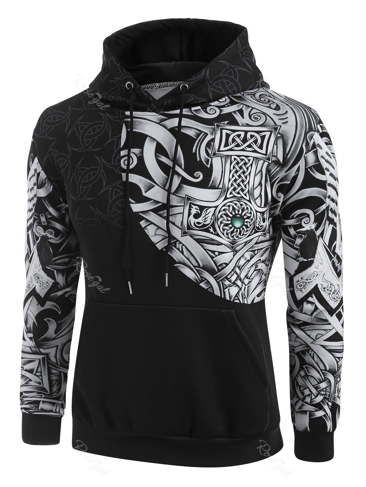 

Kangaroo Pocket Gothic Print Hoodie, Black