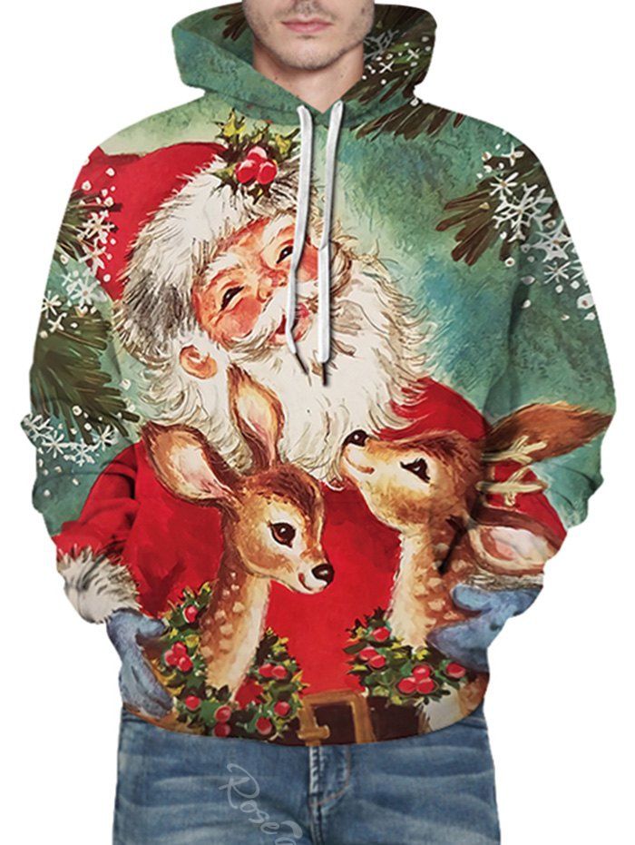 

Christmas Santa Deer Print Front Pocket Casual Hoodie, Multi