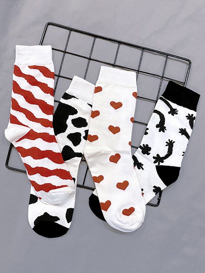 

4 Pairs Cow Heart Pattern Crew Socks Set, Multi-a