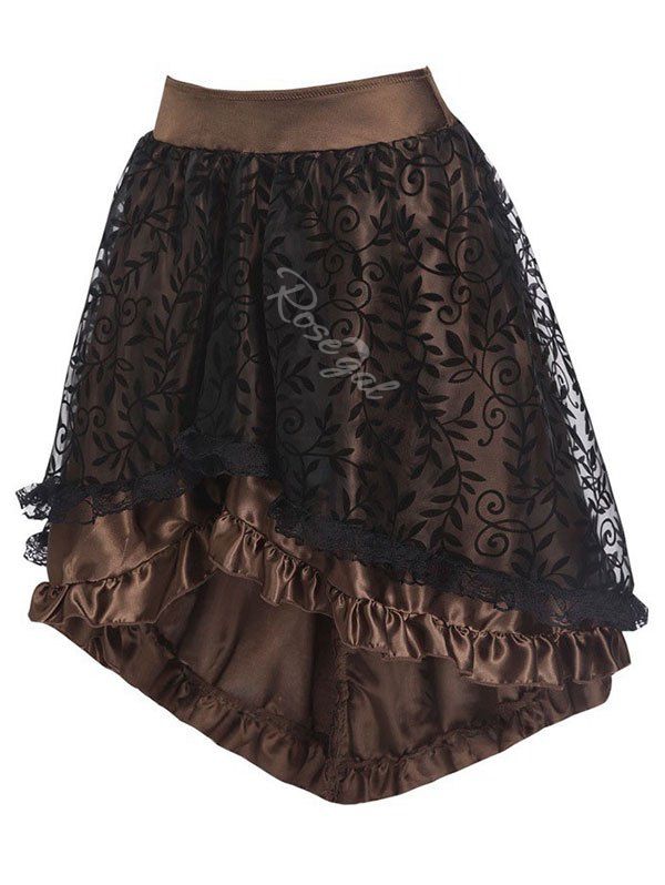 

Flocking Leaf Lace Panel Ruffle Dip Hem Skirt, Deep coffee