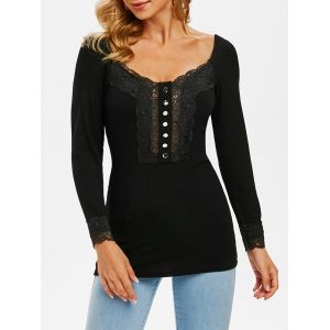 

Lace Panel Button Embellished Ribbed Knitwear, Black