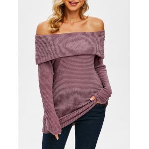 

Off Shoulder Foldover Knitted Sweater, Deep red