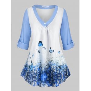 

Plus Size Butterfly Print Roll Up Sleeve Top, Light blue