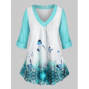 

Plus Size Butterfly Print Roll Up Sleeve Top, Light green