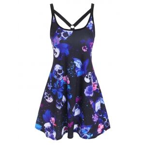 

O Ring Strappy Skull Butterfly Print Tank Dress, Lavender blue
