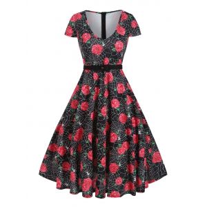 

Halloween Spider Web Rose Print Cap Sleeve Dress, Red