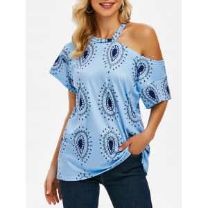 

Geometric Printed Open Shoulder Short Sleeve Tee, Light blue
