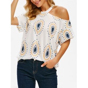 

Geometric Printed Open Shoulder Short Sleeve Tee, White
