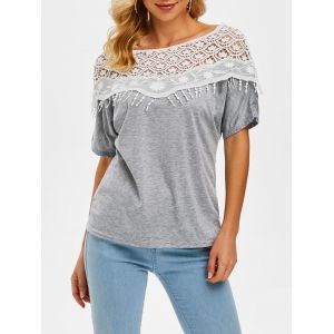 

Heathered Crochet Lace Panel Boat Neck Tee, Gray