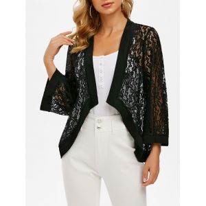 

Flower Lace Open Front Plain Cardigan, Black