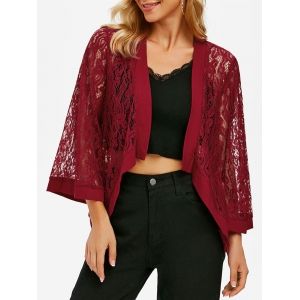

Flower Lace Open Front Plain Cardigan, Deep red